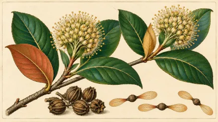 A hand colored engraving of two kratom branches with broad opposite leaves and globular flower heads, with dry ridged seed capsules, winged seeds and a section of peeling bark laid below.