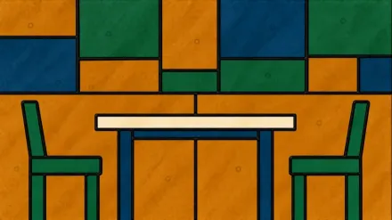 A stained glass panel of a small table with a cream top and two green chairs facing each other across it, on an ochre field.