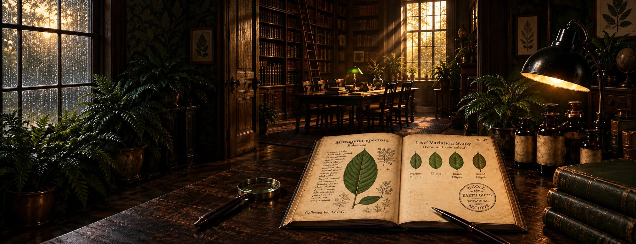 A botanical field journal open to a Mitragyna speciosa leaf study on a desk in a book-lined library.