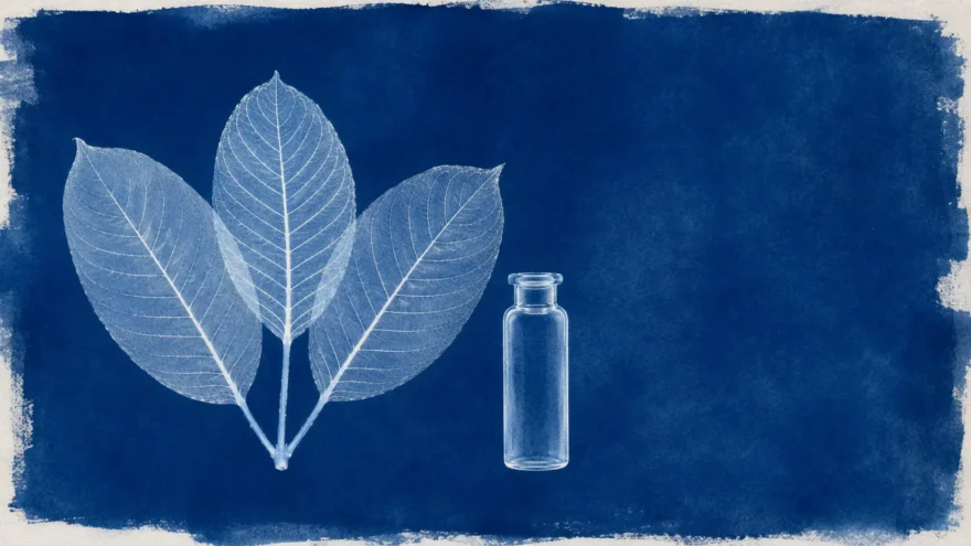 A cyanotype photogram of three kratom leaves and a glass laboratory vial in white silhouette on deep blue.