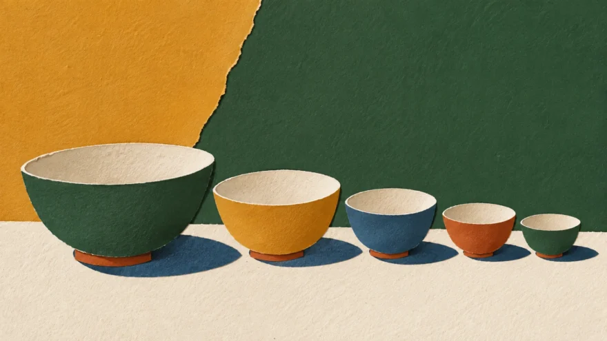 A cut-paper collage of nested bowls arranged largest to smallest.