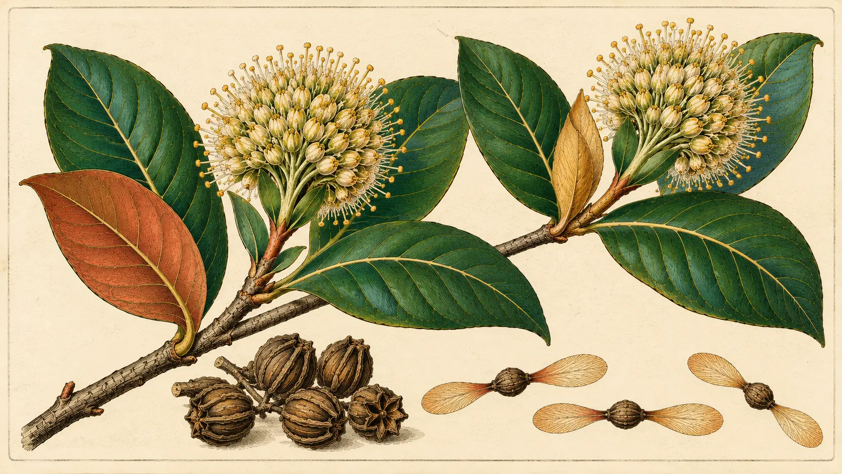 A hand colored engraving of two kratom branches with broad opposite leaves and globular flower heads, with dry ridged seed capsules, winged seeds and a section of peeling bark laid below.