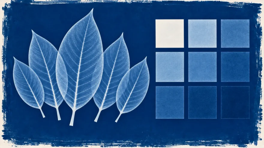 A cyanotype photogram of five kratom leaves of different sizes beside a grid of nine squares in nine different tones, in white silhouette on deep blue.