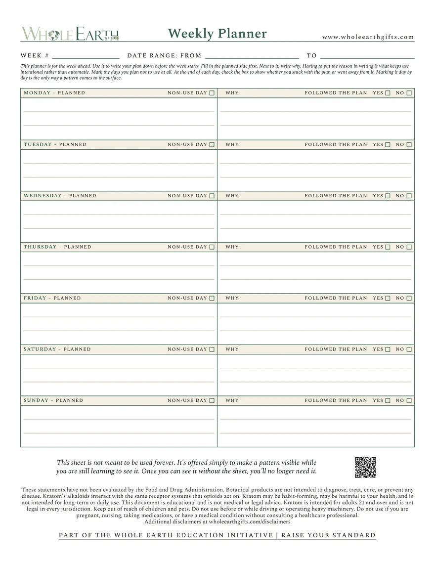 The cover of the Weekly Planner, a printed sheet with a row for each day of the week, every row split into a planned column on the left and a followed-the-plan column on the right.