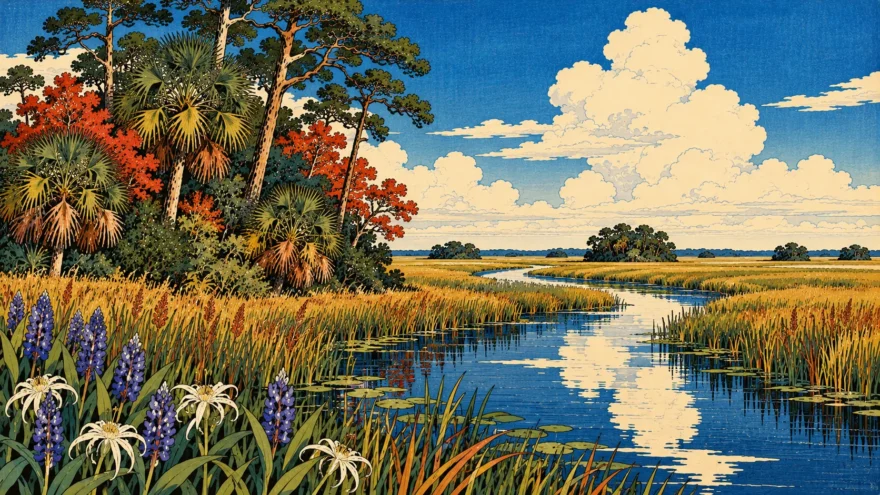 A woodblock print of a sawgrass marsh with a tree island of palms, pines and red maples, a winding channel reflecting the clouds, and violet and white flowers at the water's edge.