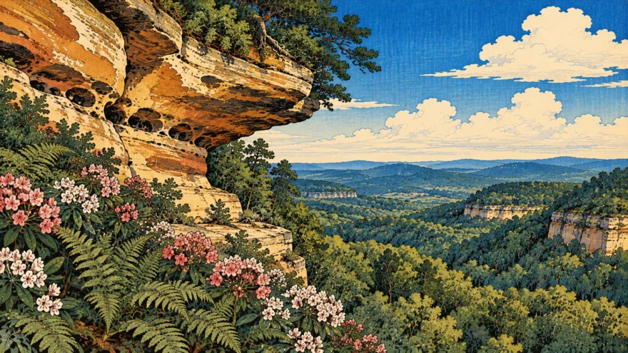 A woodblock print of an overhanging sandstone cliff banded in ochre and rust, with ferns and pink and white laurel at its foot and forested ridges receding beyond.