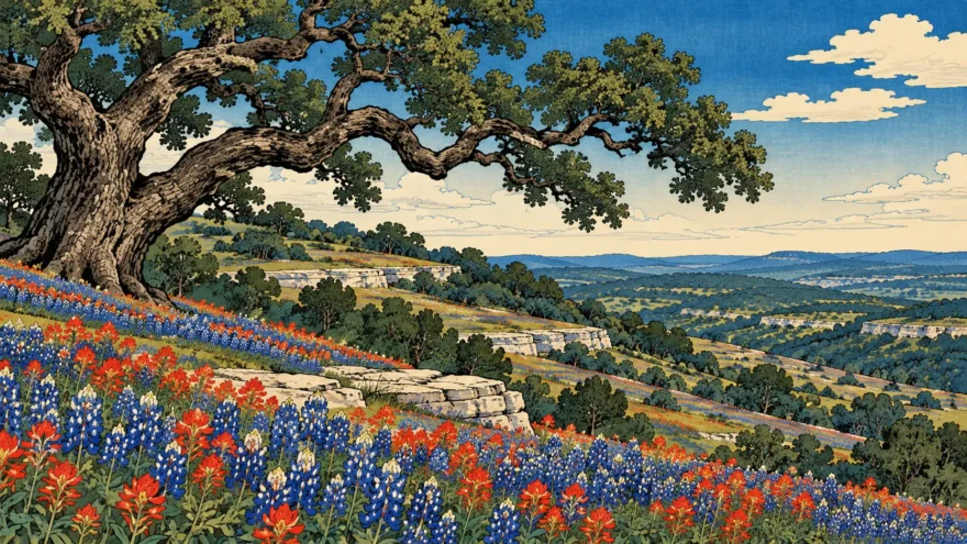 A woodblock print of a spreading live oak above a field of bluebonnets and red wildflowers, with pale limestone hills receding beyond.