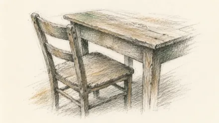 A pencil sketch of a worn wooden chair and table showing age in the grain.