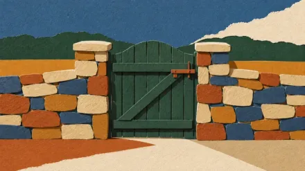 A cut-paper collage of a closed wooden gate set in a low wall.