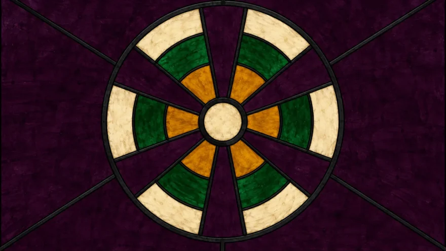 A stained glass rose window with six radiating lights around a central boss, each light a wedge of cream, green and ochre glass, on a deep aubergine field.