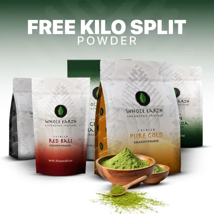 Whole Earth kratom powder packages in all four colors, under the heading Free Kilo Split, Powder