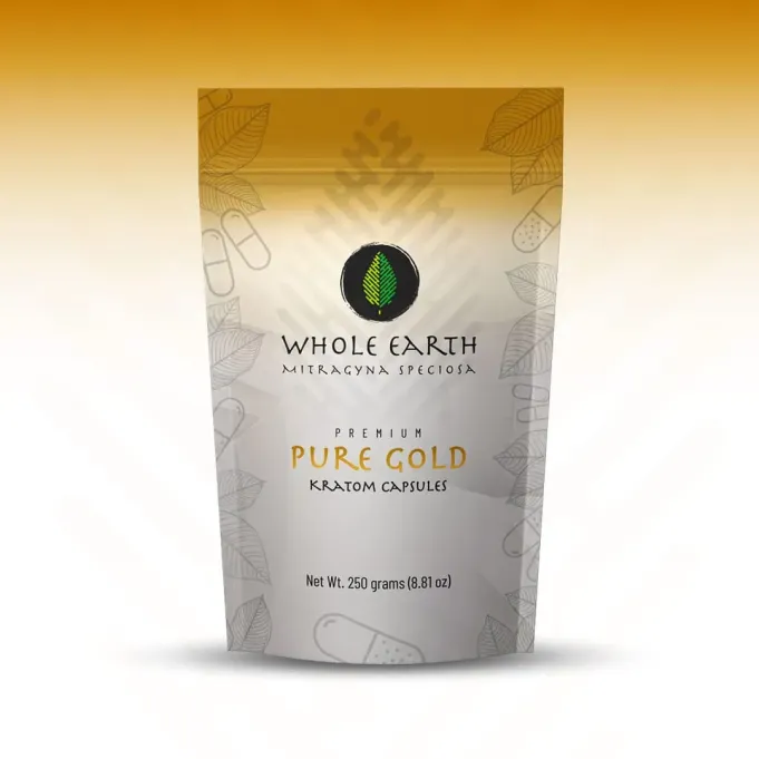 Whole Earth Pure Gold Kratom Capsules, 250 gram package, front