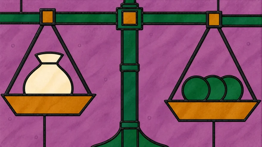 A stained glass panel of a two-pan balance scale, one ochre pan holding a cream pouch and the other holding three green discs, on a plum field.
