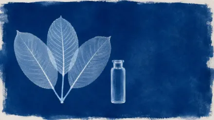 A cyanotype photogram of three kratom leaves and a glass laboratory vial in white silhouette on deep blue.