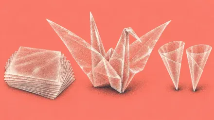A stipple engraving of an origami crane folded from clear edible film, between a fanned stack of clear square film sheets and two empty cone-shaped film pouches standing on their points, over a flat coral field.