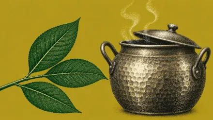 A stipple engraving of a round hammered copper brewing kettle with riveted handles and its lid ajar, steam rising from under the lid, beside a kratom branch of three leaves, over a flat olive gold field.