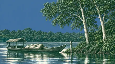 A stipple engraving of a wooden riverboat with a thatched canopy, loaded with tied woven sacks and moored to a post beneath tall trees on a tropical riverbank, with jungle along the far shore and a flat blue sky.