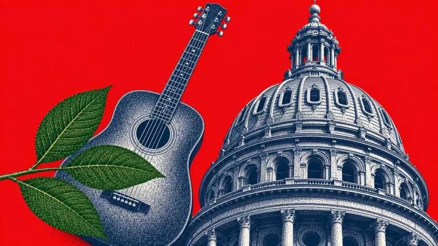 A stipple engraving of an acoustic guitar leaning beside the dome of the Texas State Capitol, with a kratom branch of three leaves lying across the guitar's body, over a flat red field.