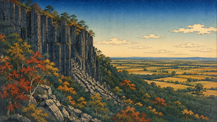 A woodblock print of a columnar basalt cliff above a flat valley of fields, with hardwoods and talus on the slope below the rock face.