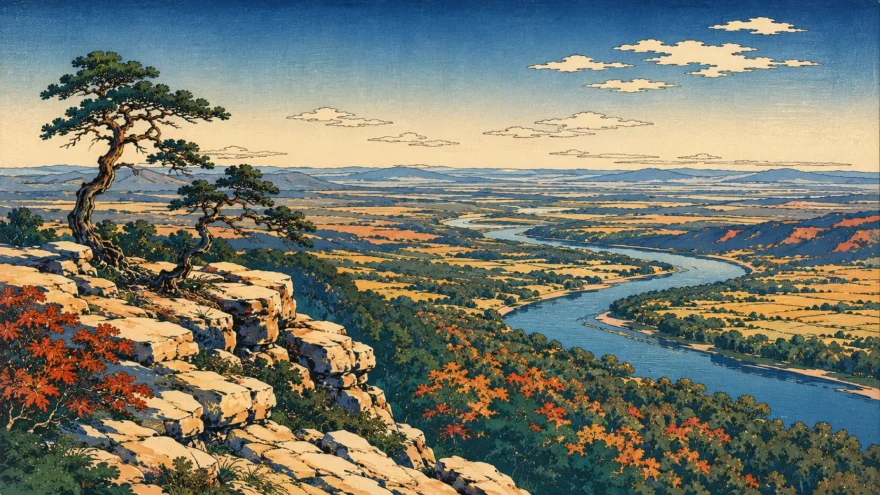 A woodblock print of a wide view from a rocky overlook, with wind bent pines on the ledge and a river winding through open country to distant hills.