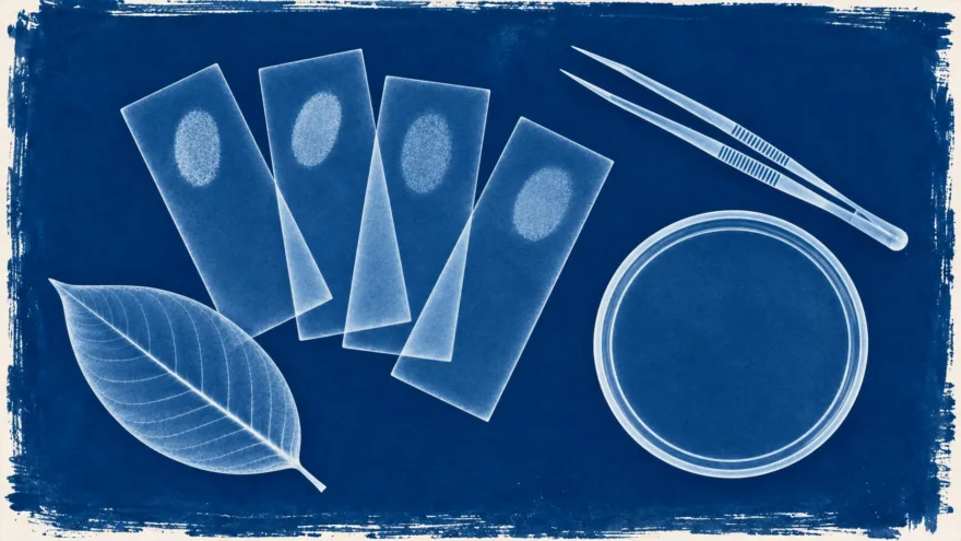 A cyanotype photogram of four microscope slides, a pair of forceps, a petri dish and a kratom leaf in white silhouette on deep blue.