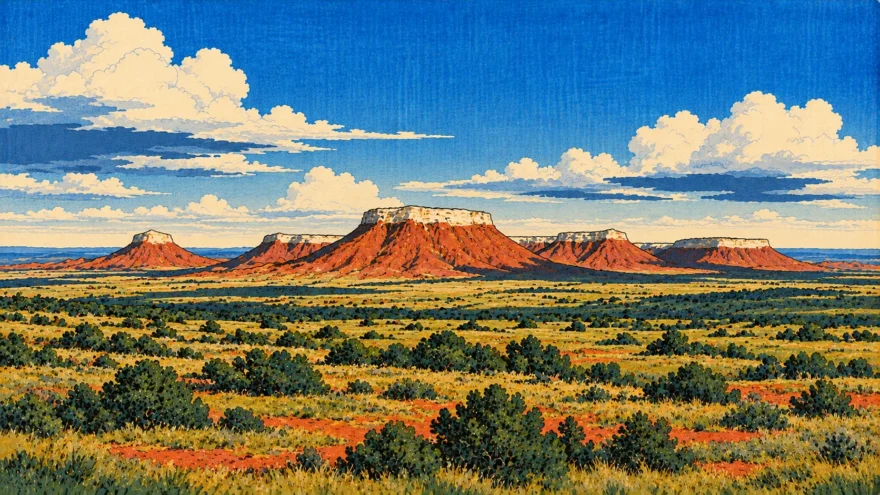 A woodblock print of red clay mesas capped in white rock rising beyond a flat plain of grass, low cedar and patches of red soil, under large clouds.