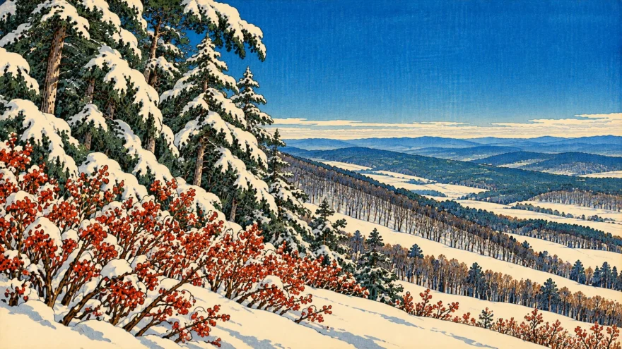 A woodblock print of snow-laden hemlocks above winterberry shrubs covered in red berries, with snowy forested ridges receding under a clear blue sky.