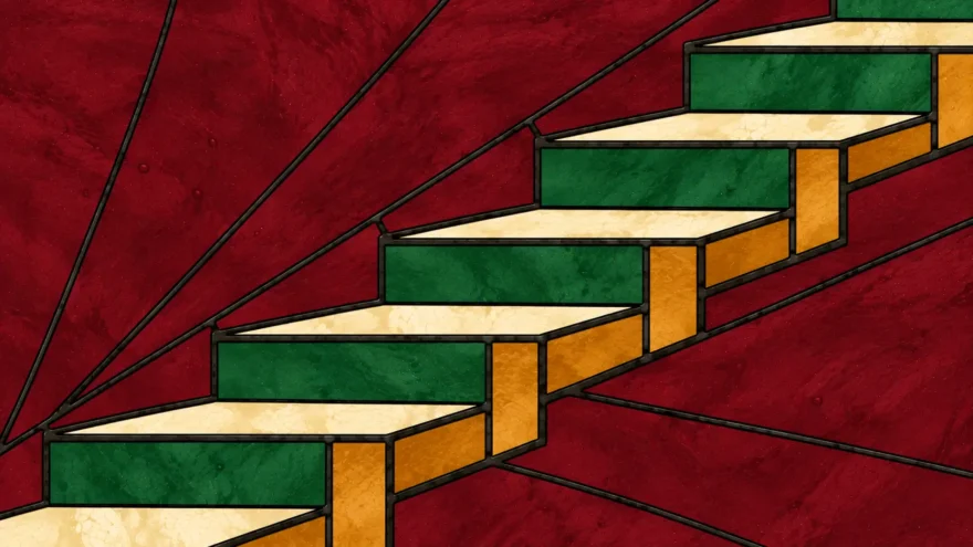A stained glass panel of a flight of steps ascending to the right, with cream treads and ochre risers, against a deep oxblood field.