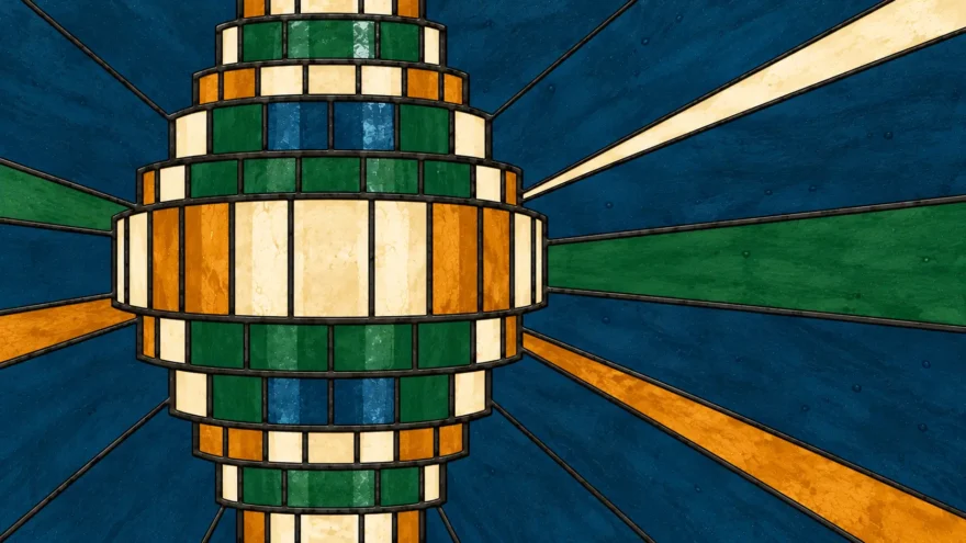 A stained glass panel of a lighthouse lens built from stacked rings of cream, green and ochre glass, with broad wedges of light radiating out across a deep blue field.